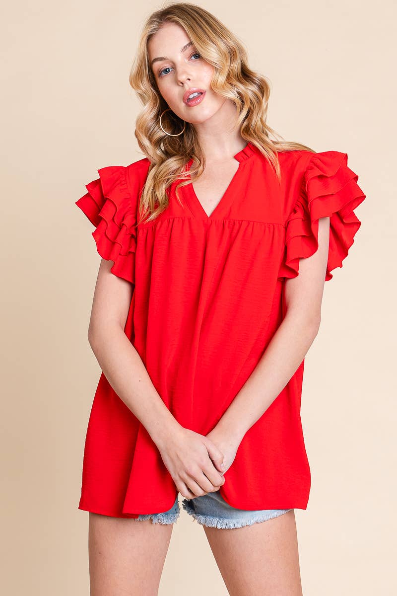 GAME DAY AIRFLOW RUFFLE SLEEVE BLOUSE: RED / S