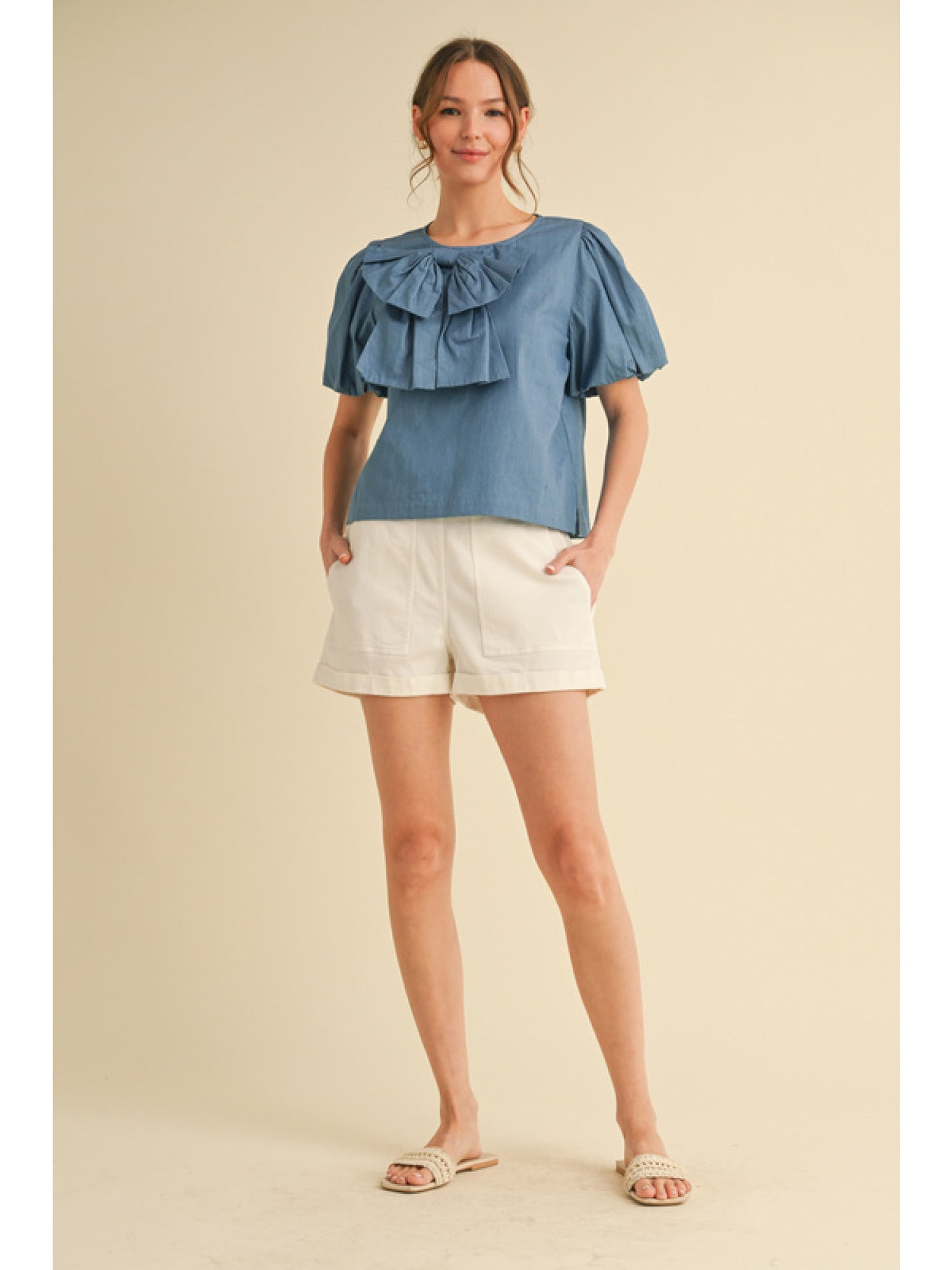 Chambray Puff Sleeve Bow Top