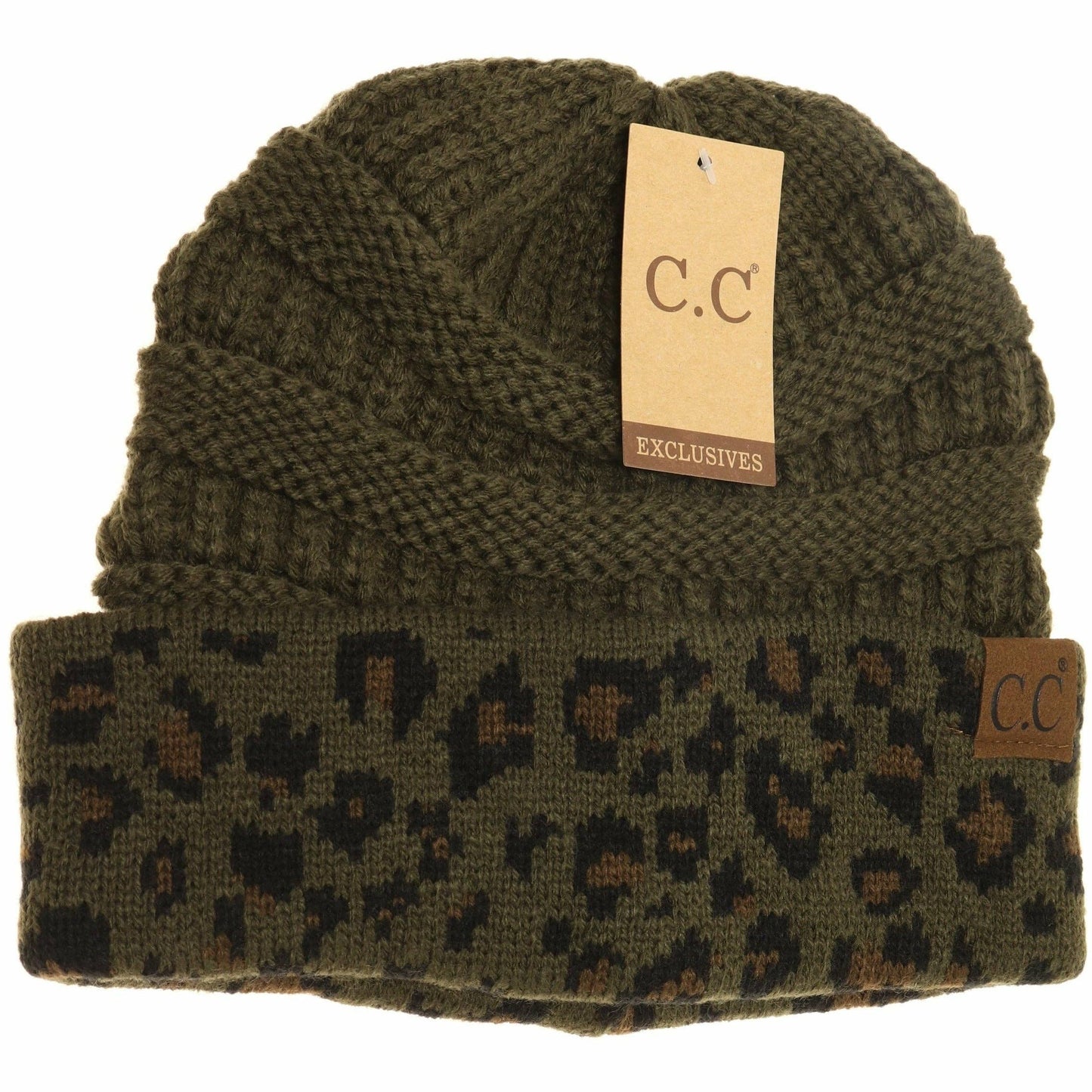 Olive Matching Cuff Leopard Print CC Beanie