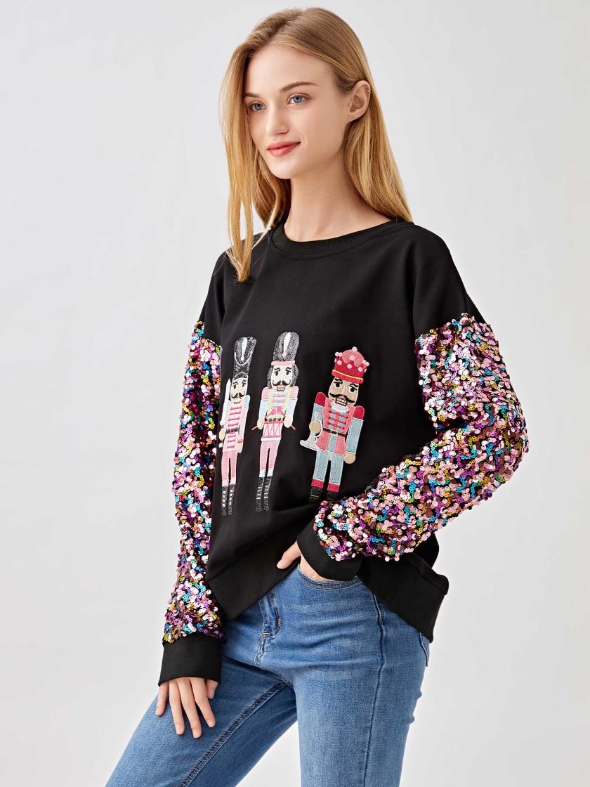 Black Nutcracker Sequin Sleeve Top