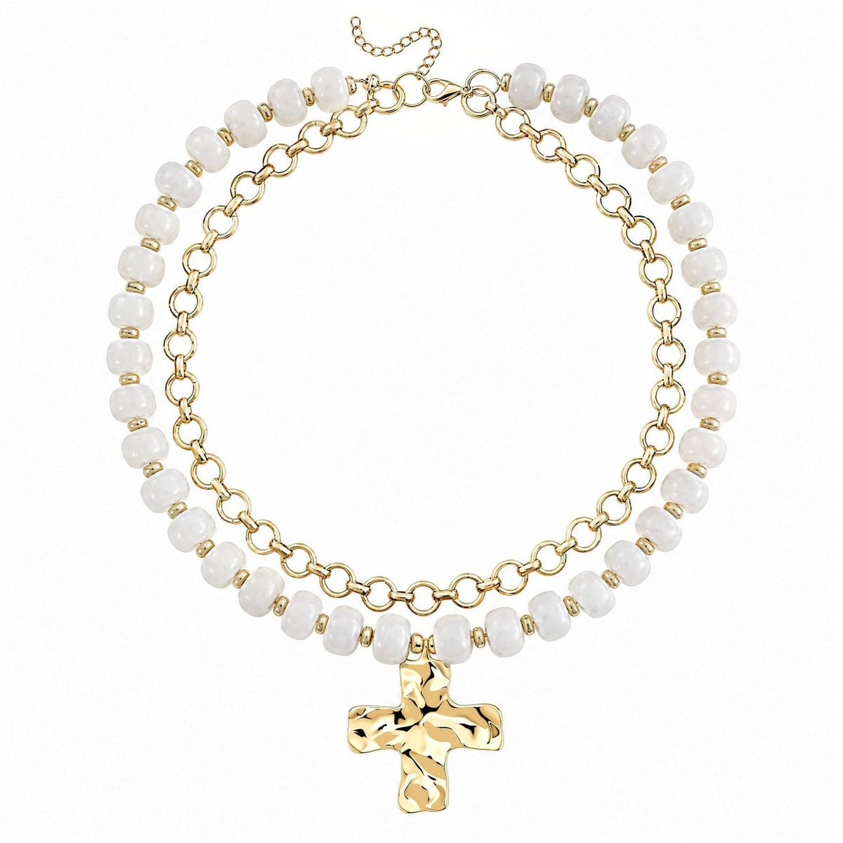 White Beaded Double Strand Cross Necklace
