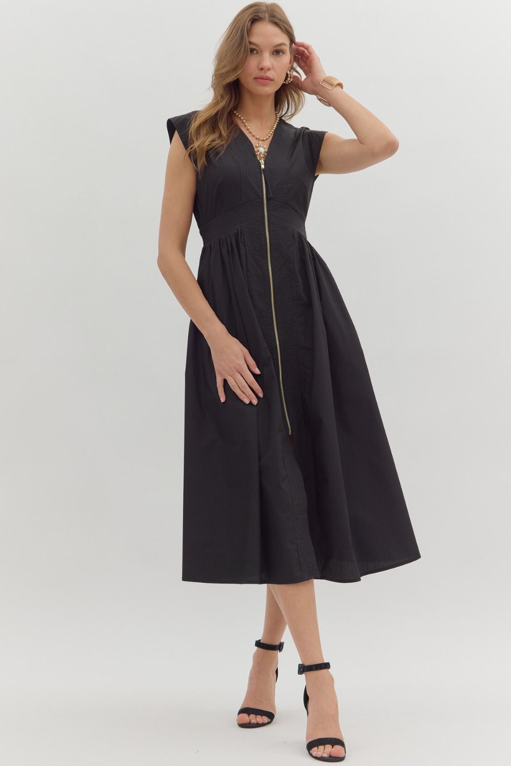 Black Smocked Waist Midi Dress