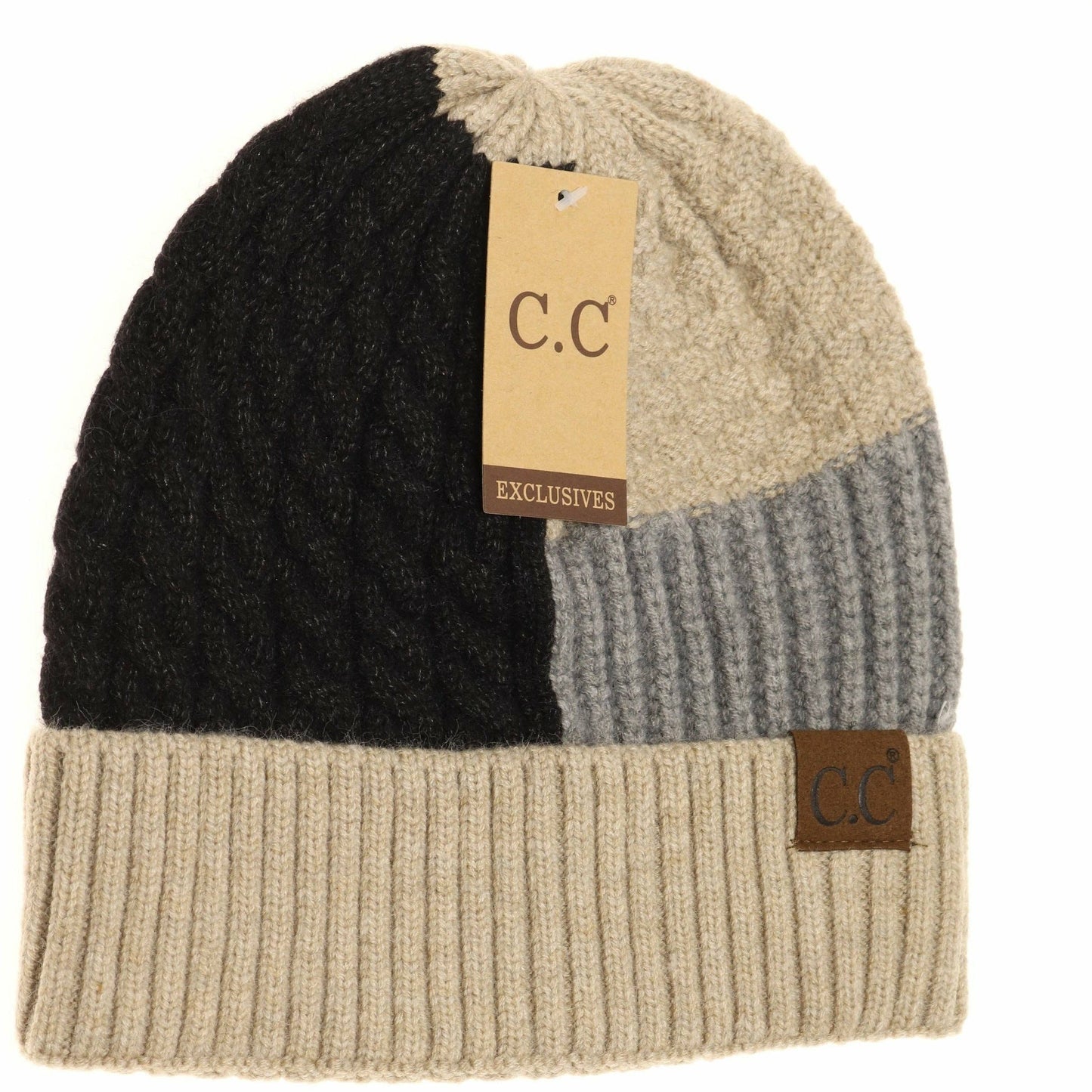 Black/Beige Tri-Color Cuff Beanie Hat