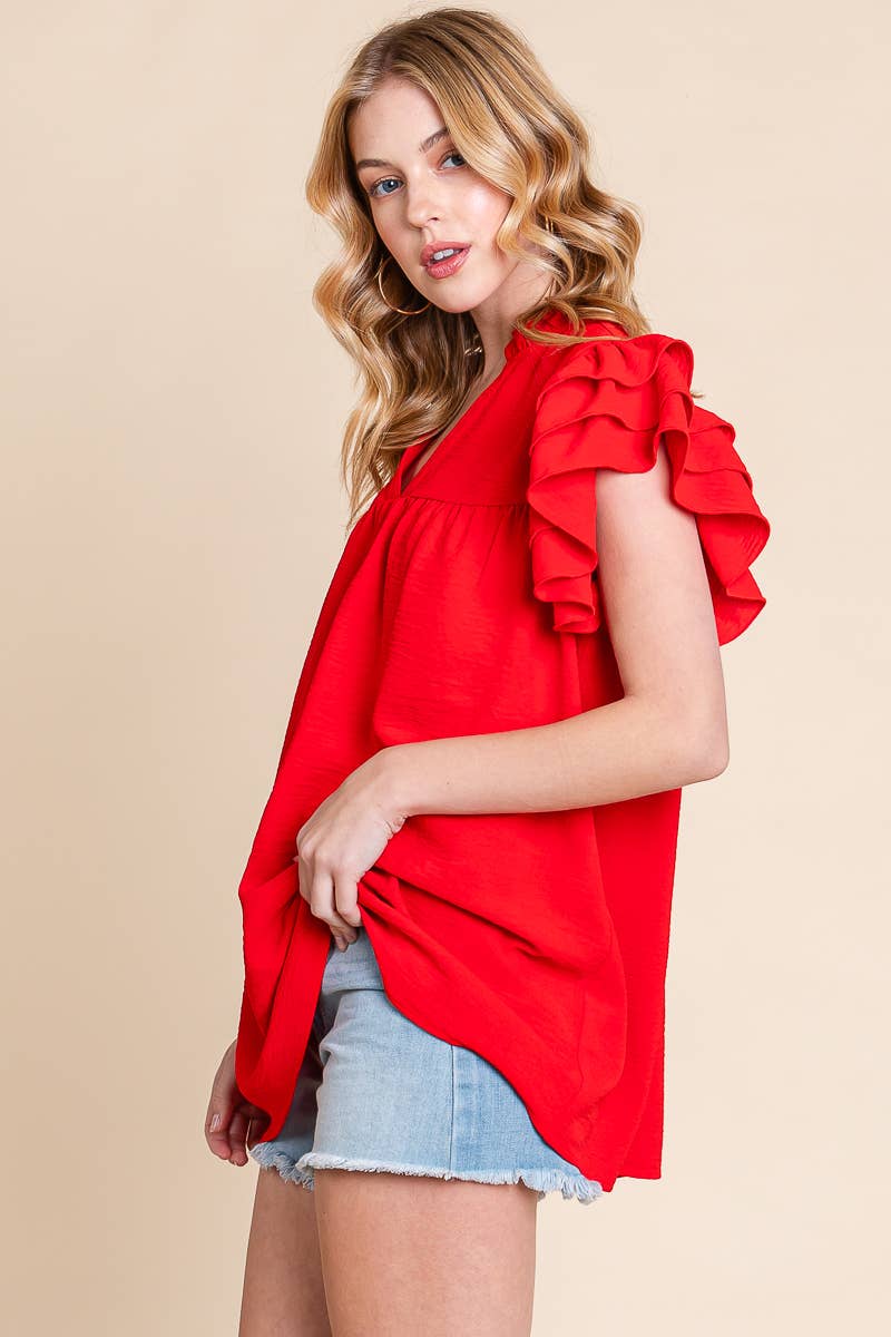 GAME DAY AIRFLOW RUFFLE SLEEVE BLOUSE: RED / S