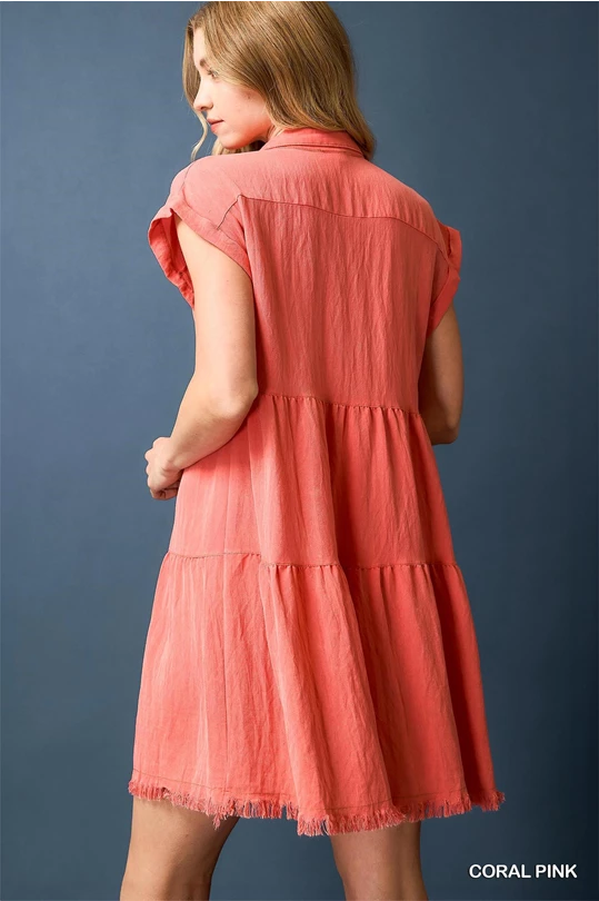 Coral Washed Button Up Dress