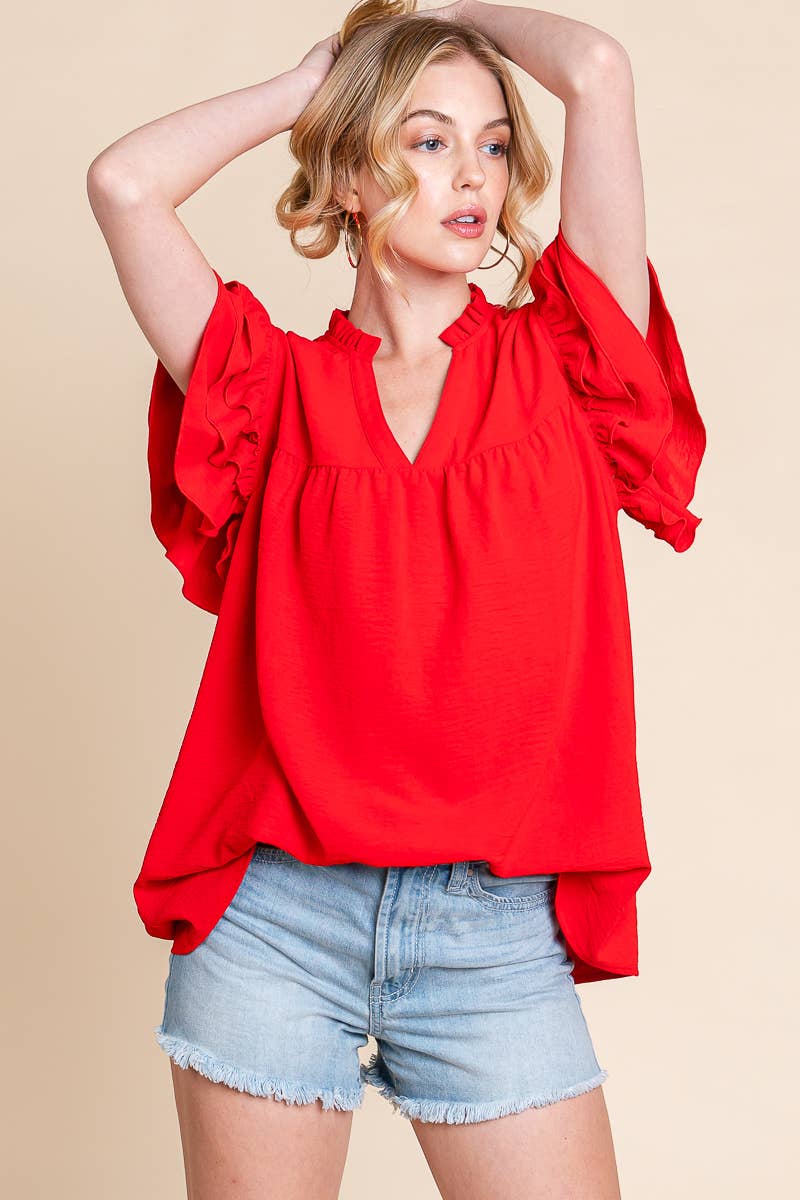 GAME DAY AIRFLOW RUFFLE SLEEVE BLOUSE: RED / S
