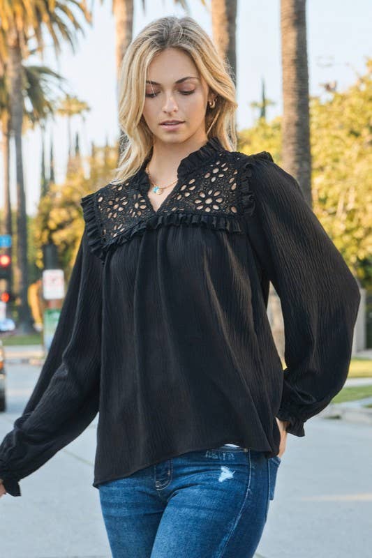 Black Eyelet Long Sleeve Blouse