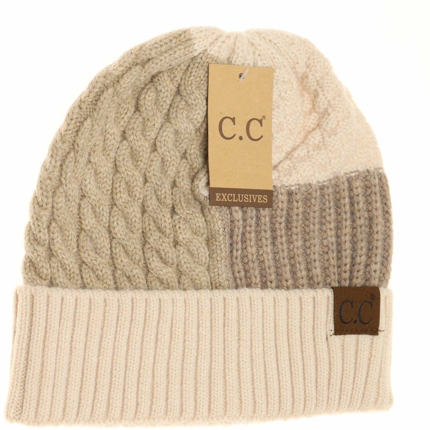 Taupe/Beige Tri-Color Cuff Beanie Hat