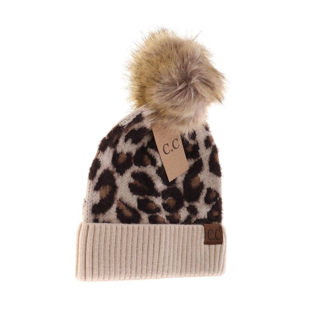 Ivory Leopard Pom Beanie