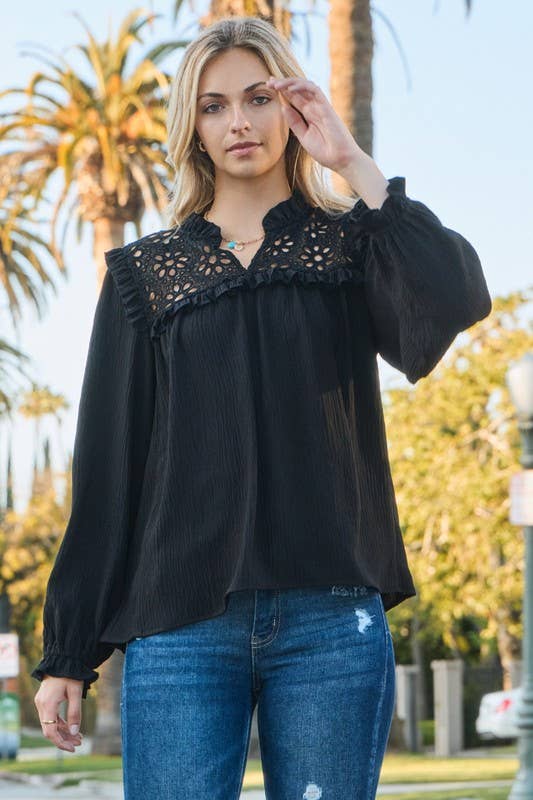 Black Eyelet Long Sleeve Blouse