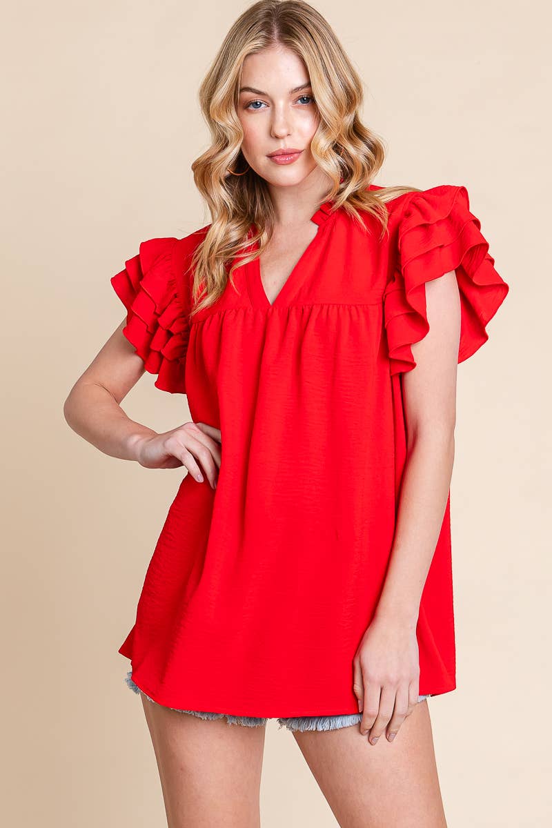 GAME DAY AIRFLOW RUFFLE SLEEVE BLOUSE: RED / S
