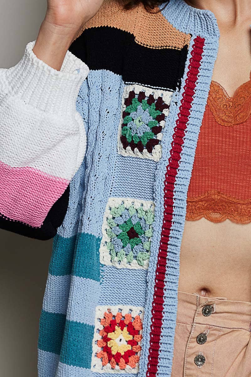 Handmade Patchwork Striped Chenille Sweater Open Cardigan: ROSE MULTI / S
