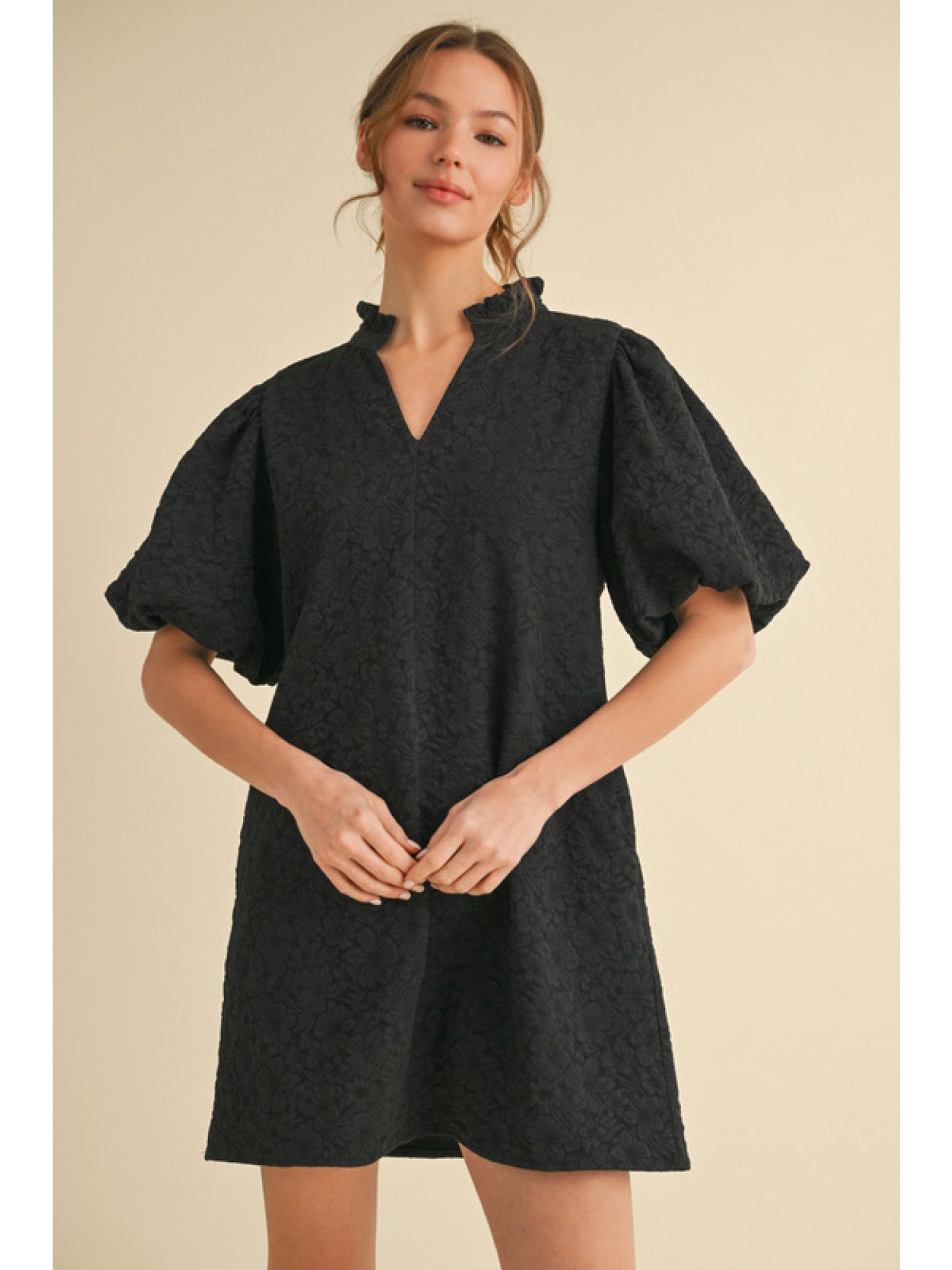 Black V-neck Textured Dress