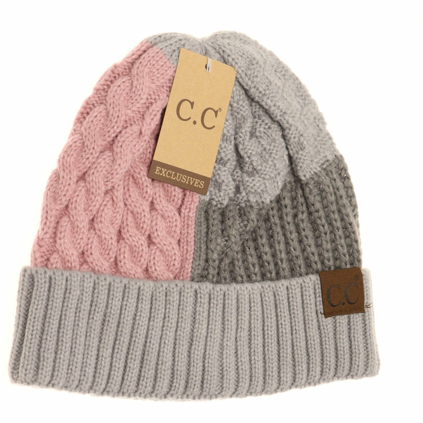 Rose/Lt. Grey Tri-Color Cuff Beanie Hat