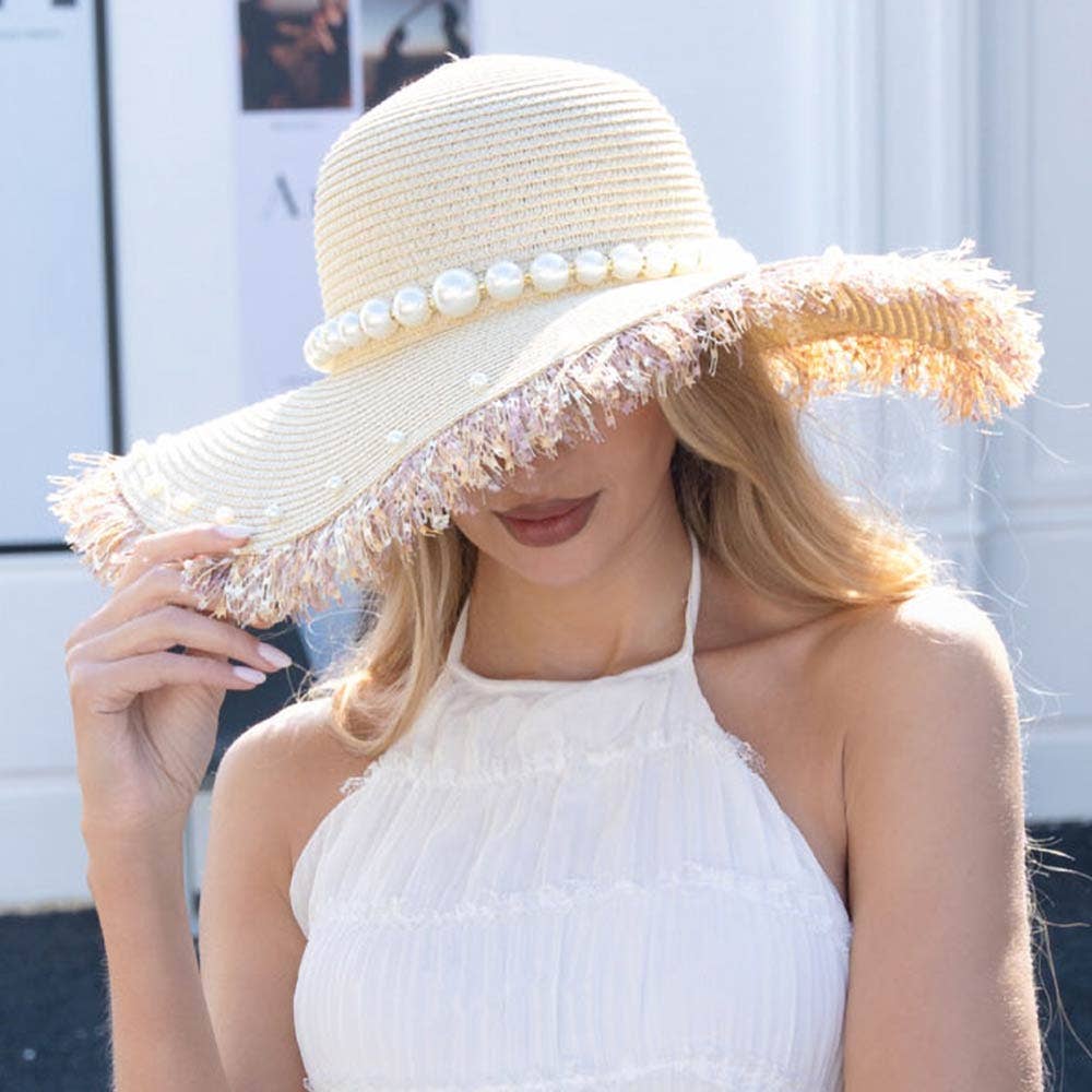 Pearl Trim Band Frayed Edge Wide Brim Straw Sun Hat: Beige