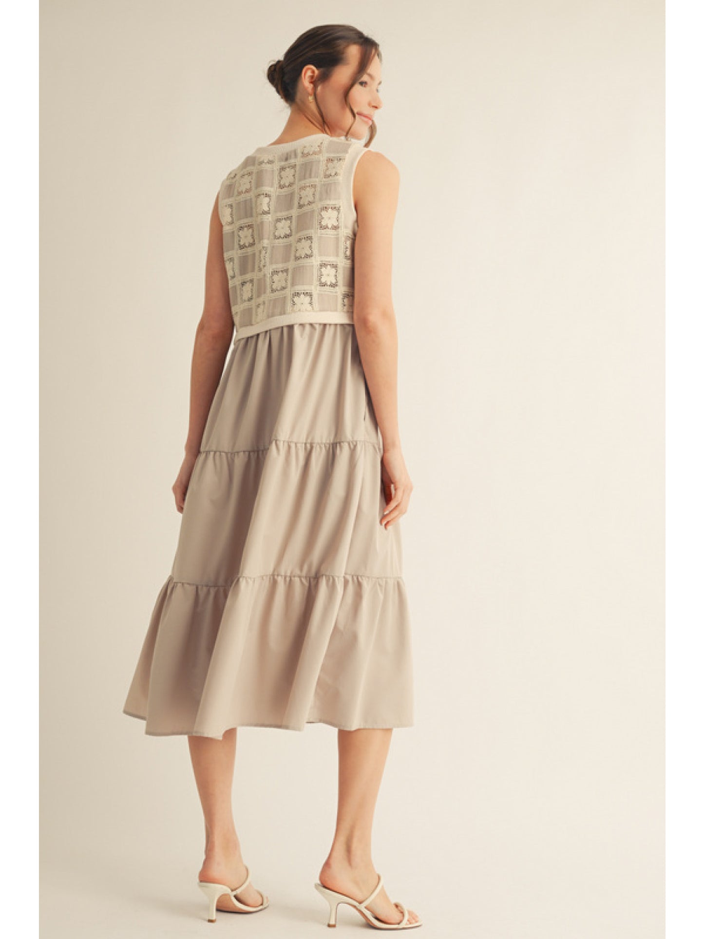 Patchwork Petal Taupe Sleeveless Midi Dress