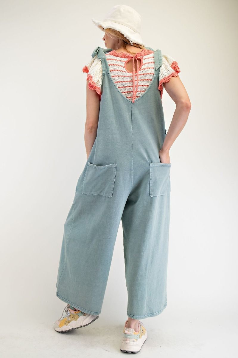 Easel Dusty Blue Flower Patch Mineral Washed Jumpsuit