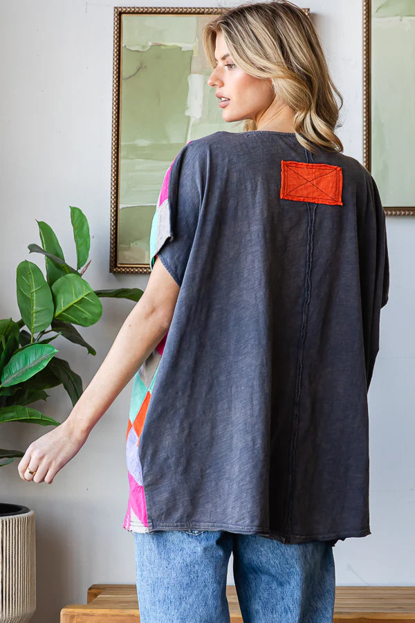 Washed Multicolor Geo Patchwork Oversized Top