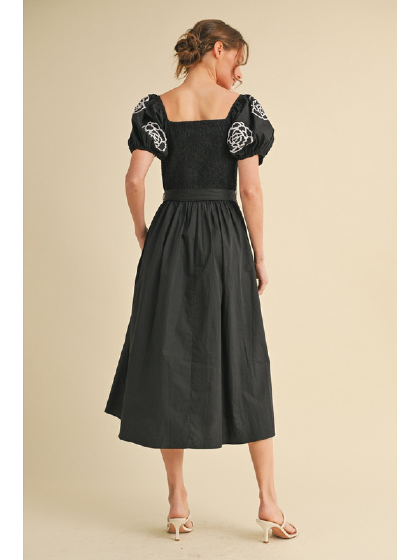 Black Smocked Midi Dress
