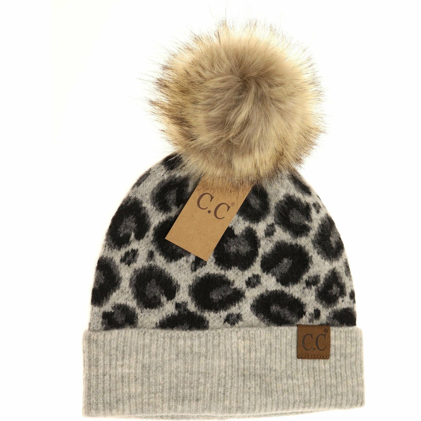 Taupe Leopard Pattern Faux Fur Pom Beanie