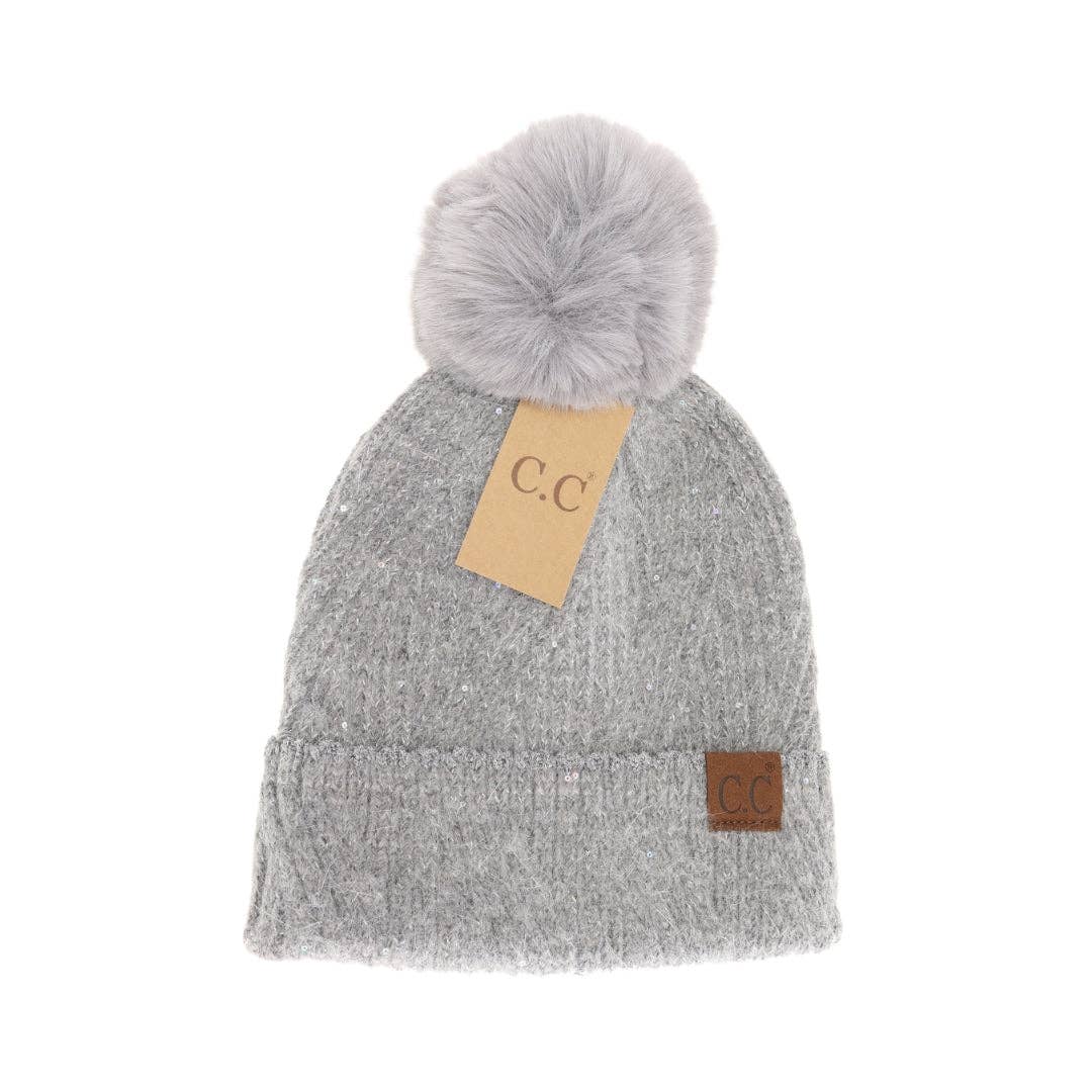 Grey Sequin Faux Fur Pom C.C Beanie