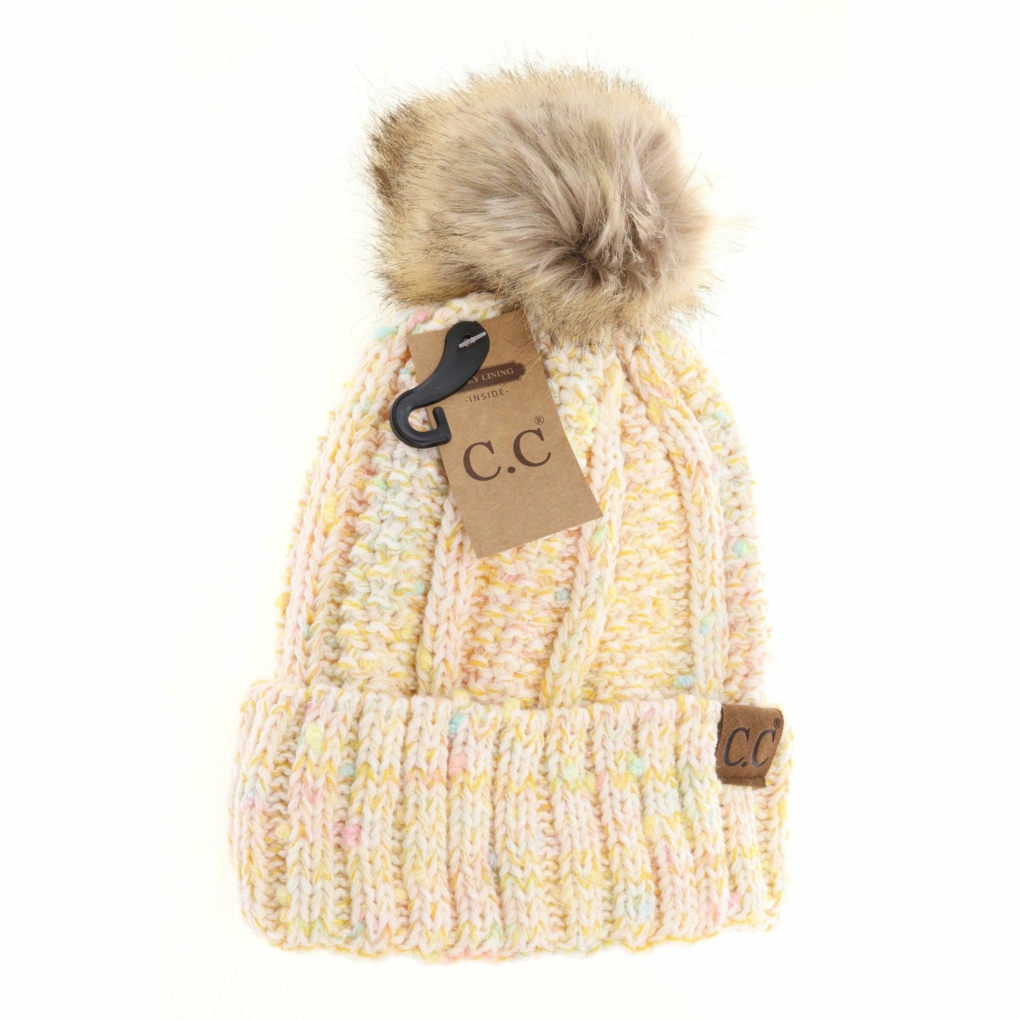 Fuzzy Lined Confetti Knit Fur Pom CC Beanie