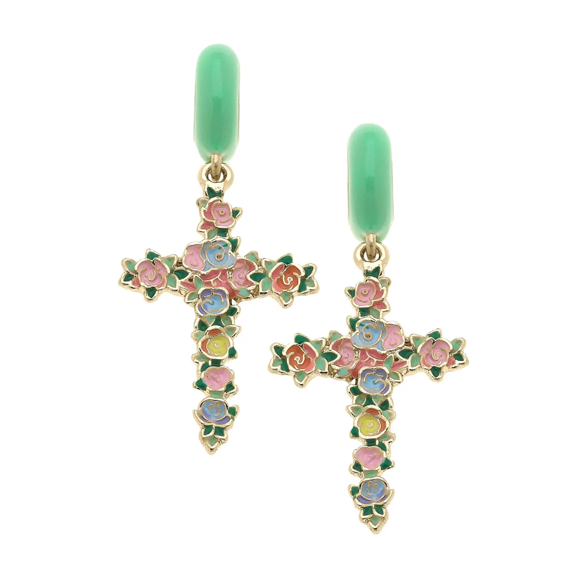 Blossomed Cross Huggie Hoop Earrings in Green