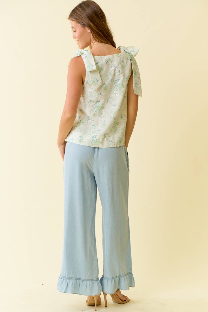 DENIM RUFFLE BOTTOM WIDE LEG PANTS - 8887P: DENIM / S