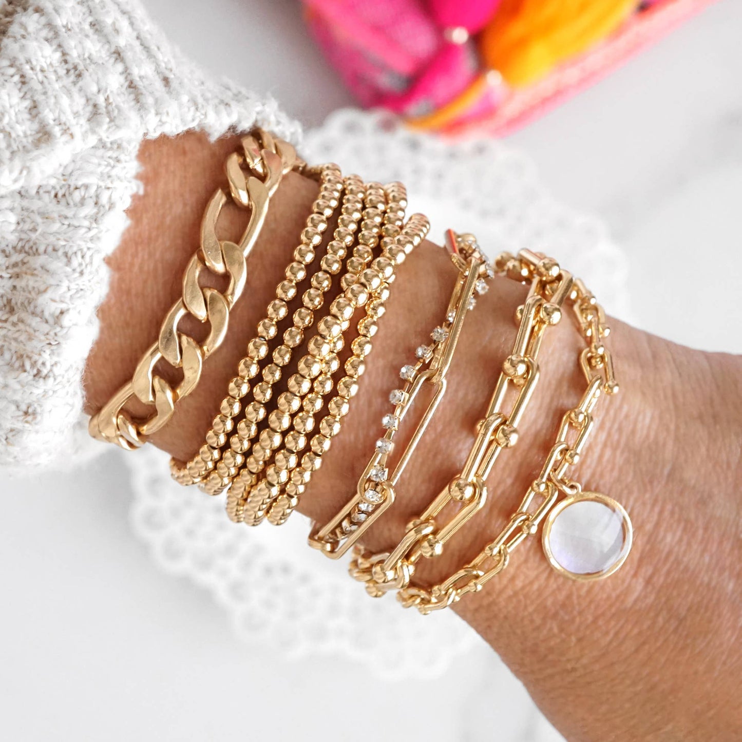 Gold tone Small Beaded Bracelet Set of 5