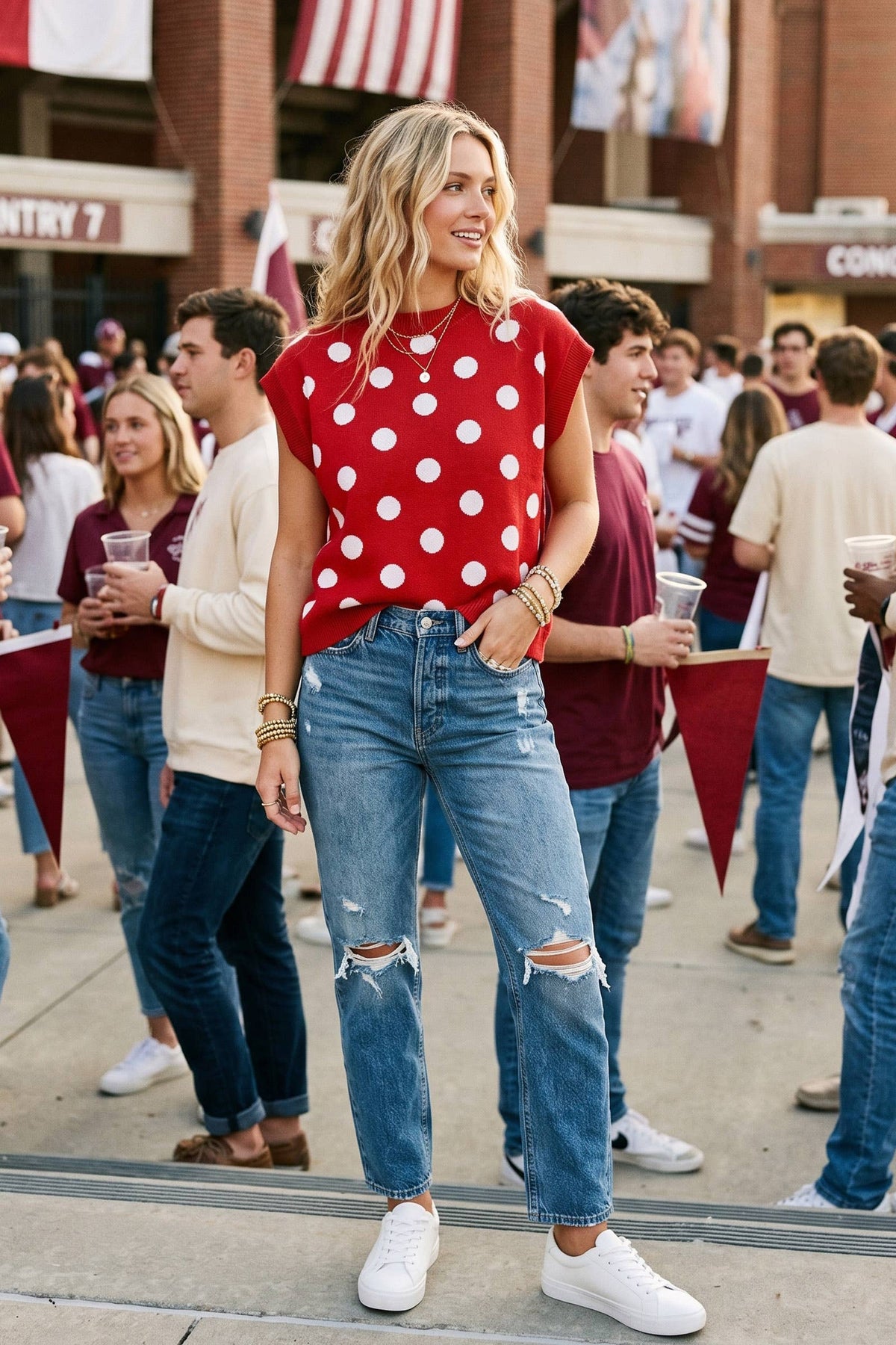 Gameday Polka Dot Sleeveless Knit Top: RED/BLACK / S
