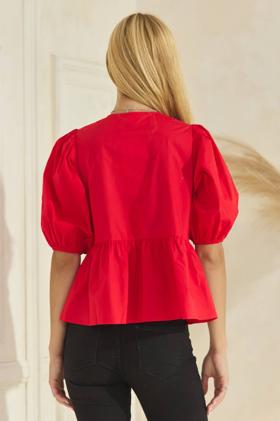 Plus Solid Cotton Poplin Front Tie Ribbon Blouse: Red / XL