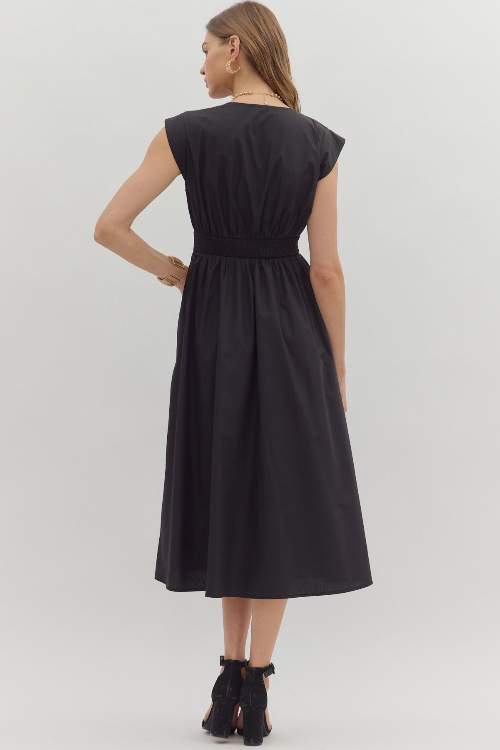 Black Smocked Waist Midi Dress