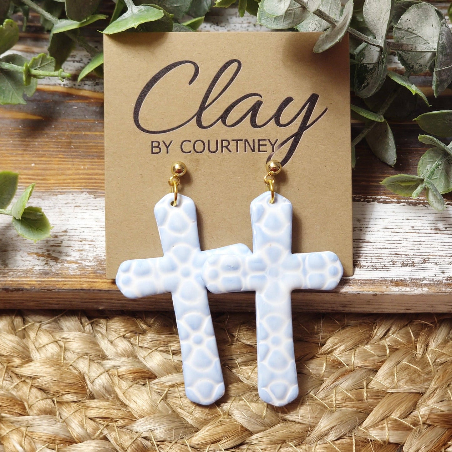 Clay Floral Cross Earrings: White
