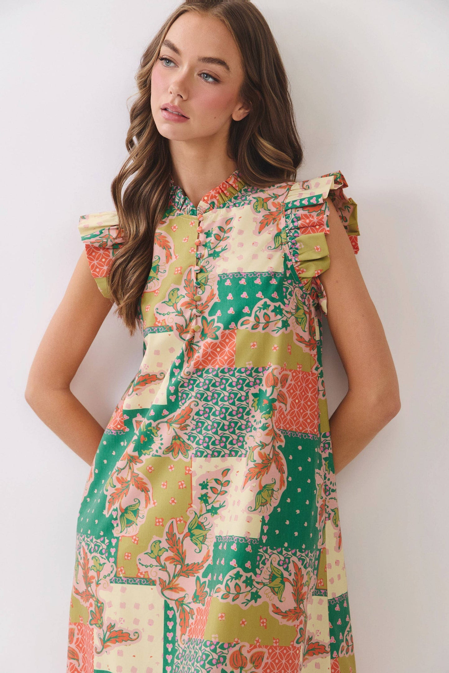 CD07299-Patchwork Print Ruffle Sleeve Midi Dress: MULTI / S