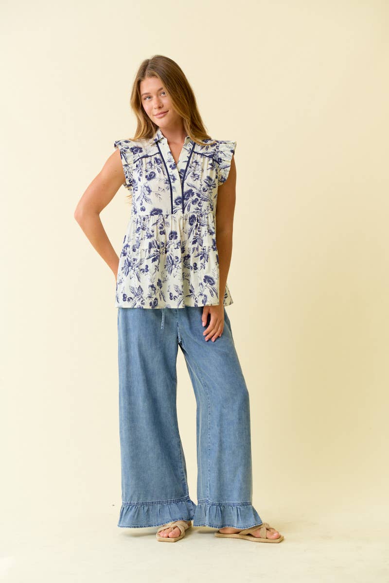 DENIM RUFFLE BOTTOM WIDE LEG PANTS - 8887P: DENIM / S
