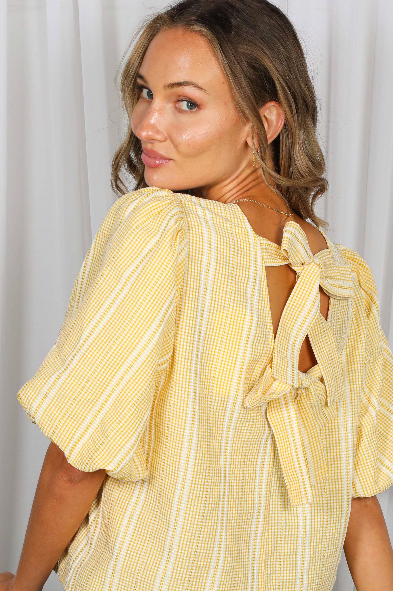 V-Back 2 Bow Accent Feminine Plaid Blouse Top VT82621C: Yellow / S