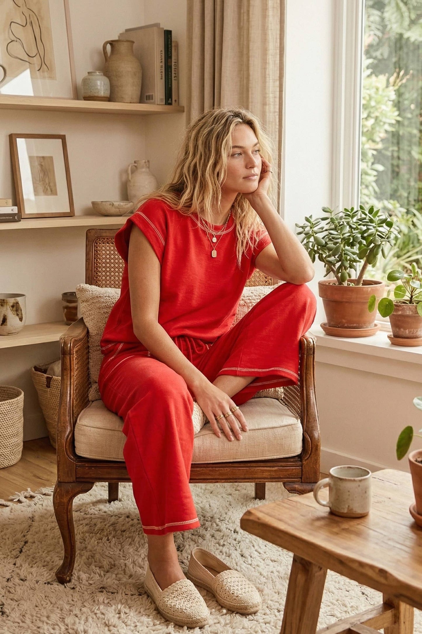 (Original Design) Scuba Contrast Stitch Lounge Set: RED / S