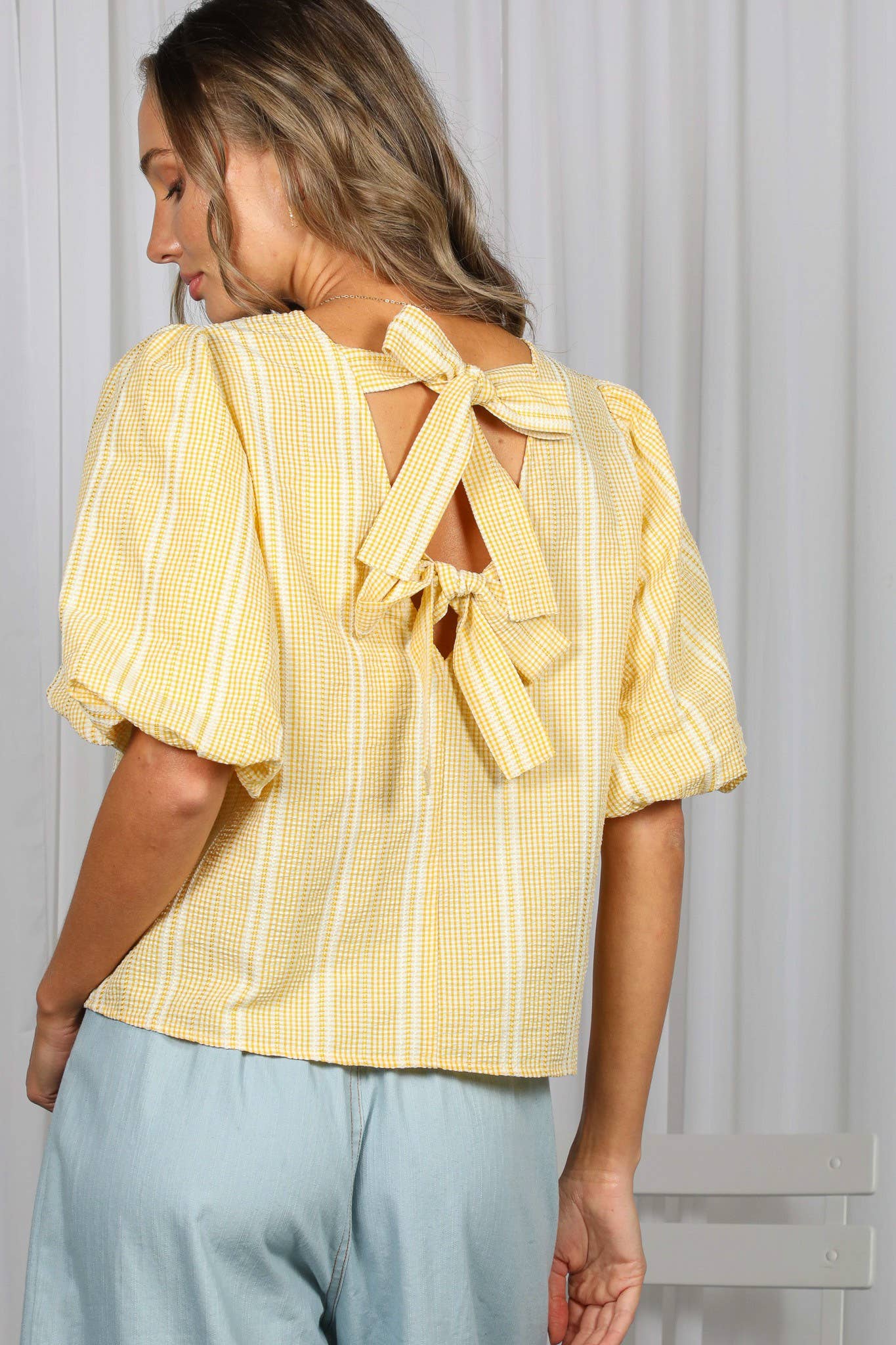 V-Back 2 Bow Accent Feminine Plaid Blouse Top VT82621C: Yellow / S