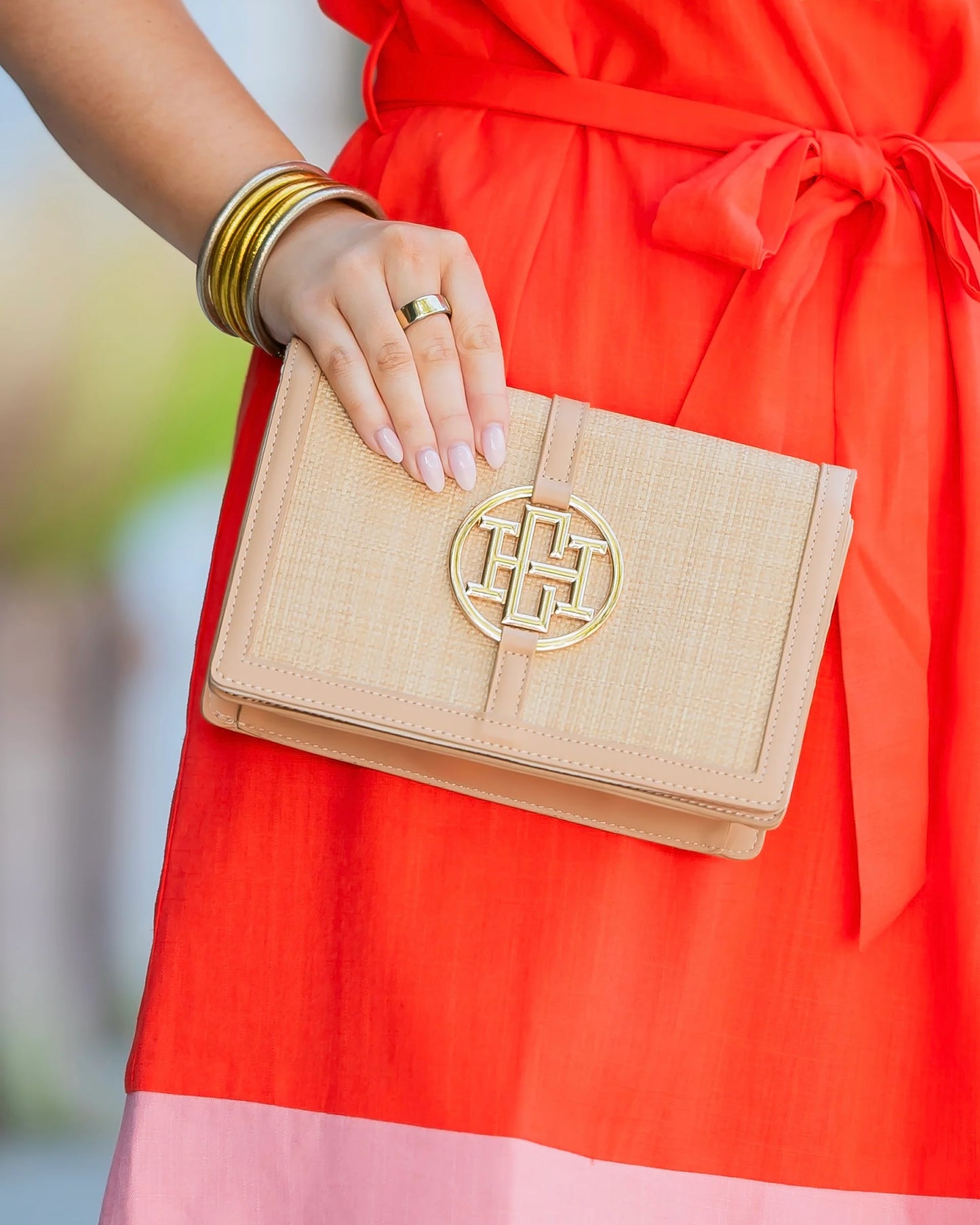 Caroline Hill Cecilia Circle Logo Handbag Natural