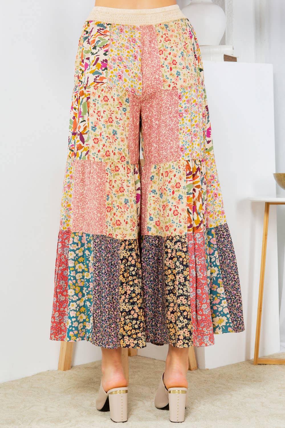 Printed Patchwork Overdyed Pants With 4 Tiers: Olive / (S-M-L-XL 1-2-2-1)