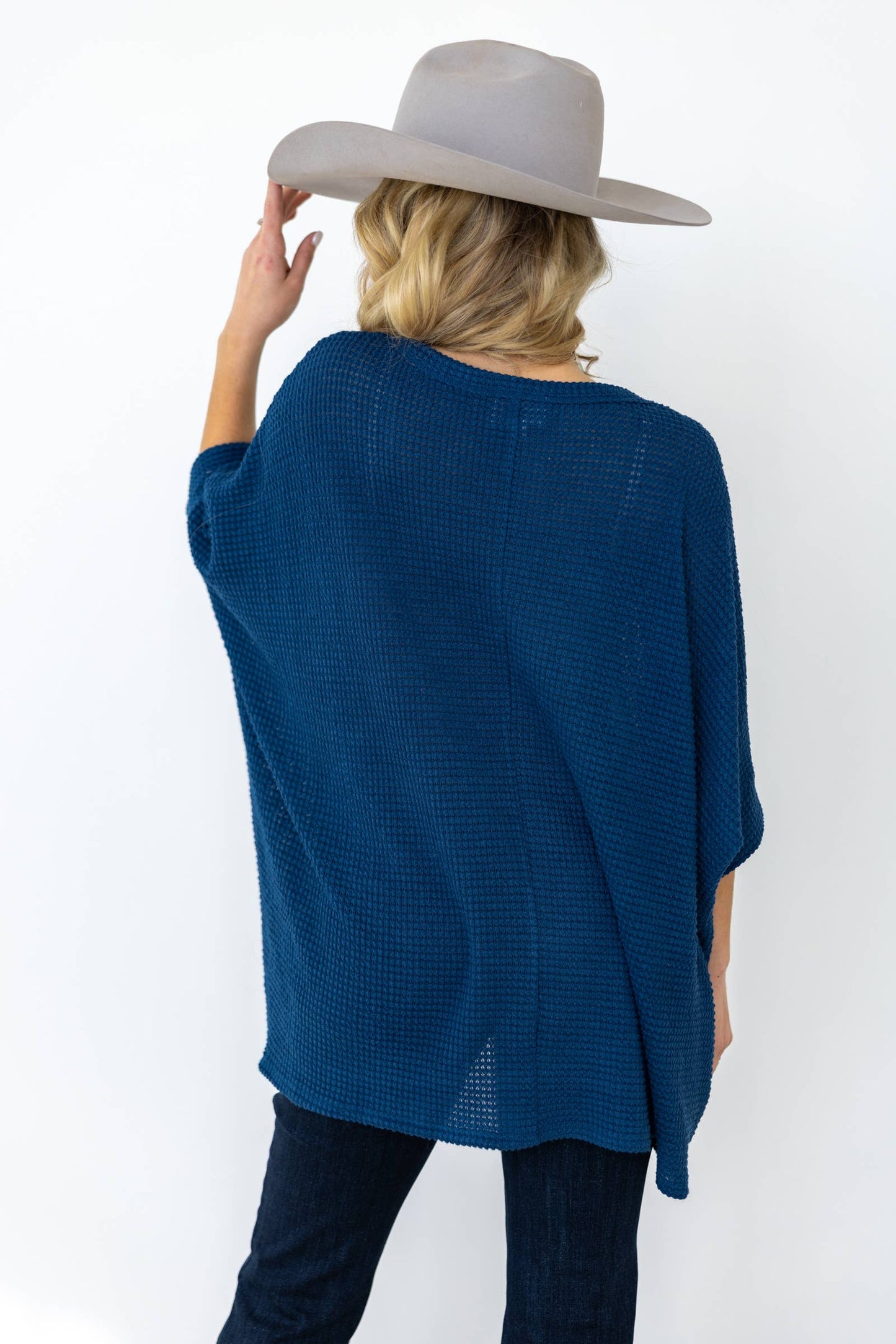 Crochet Oversized Relaxed Fit Poncho Top: NAVY / S/M