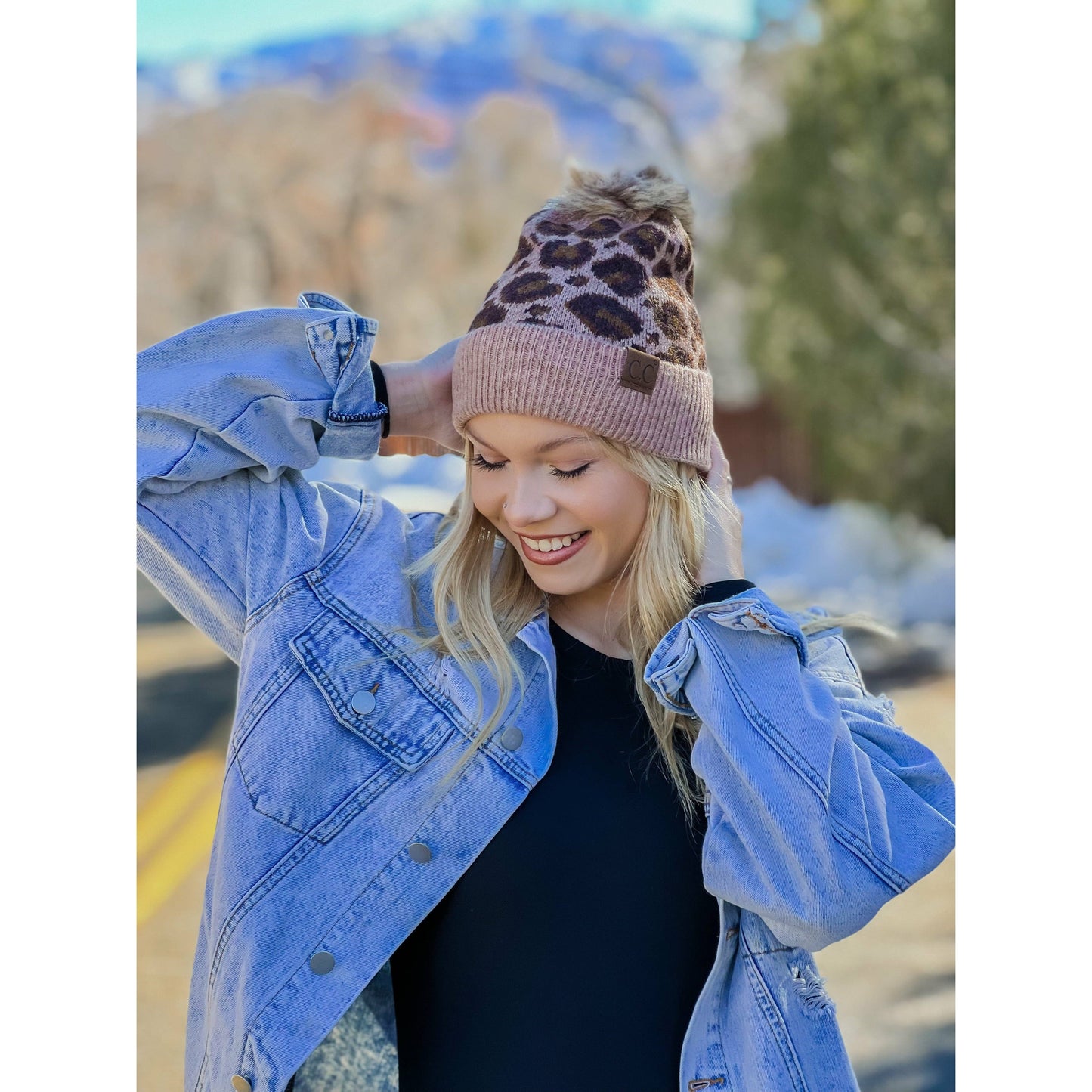 Taupe Leopard Pattern Faux Fur Pom Beanie