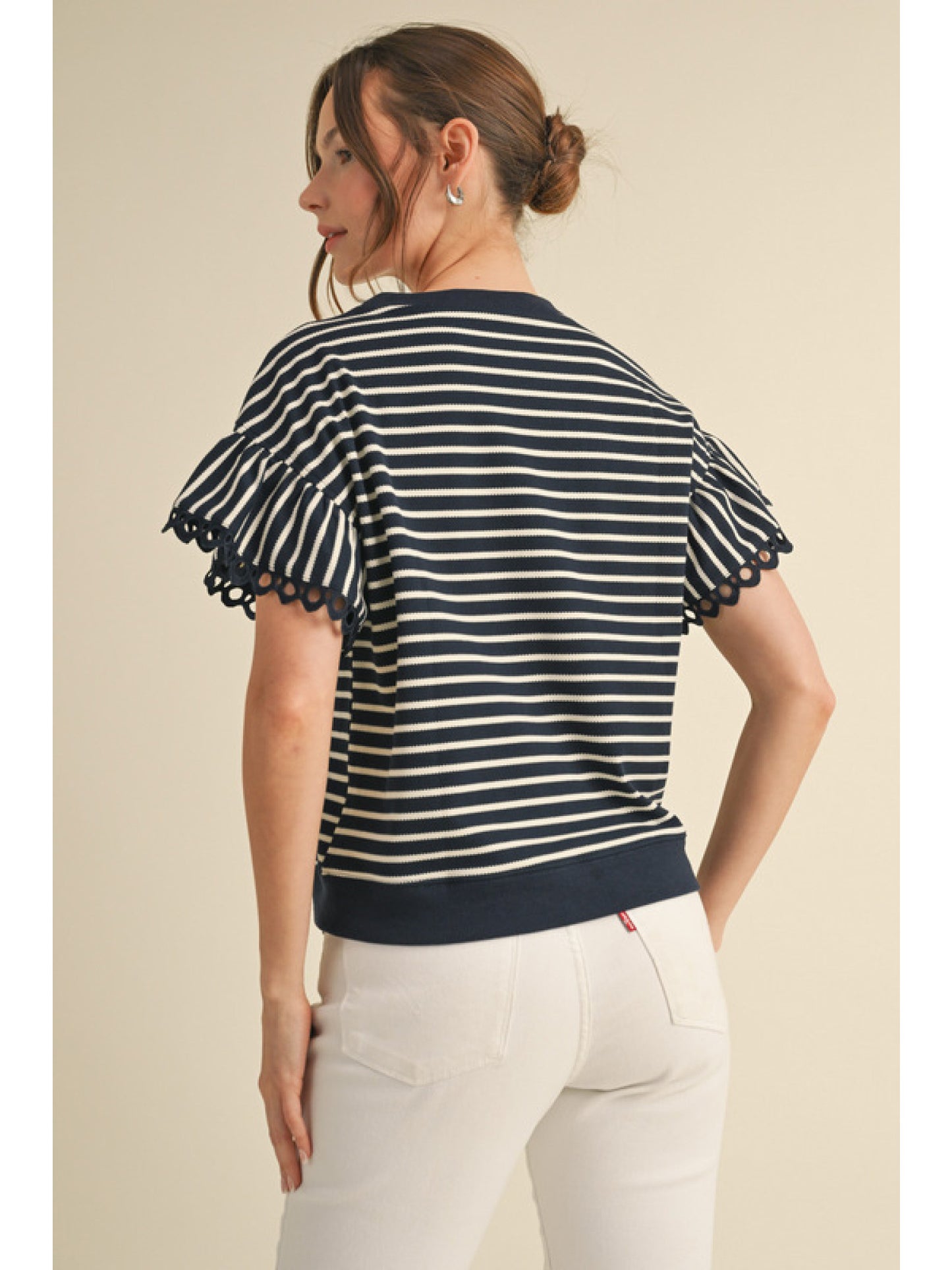 Navy Striped Eyelet Top