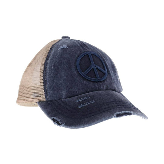 Distressed Embroidered Peace Sign Criss Cross High Pony C.C: Navy