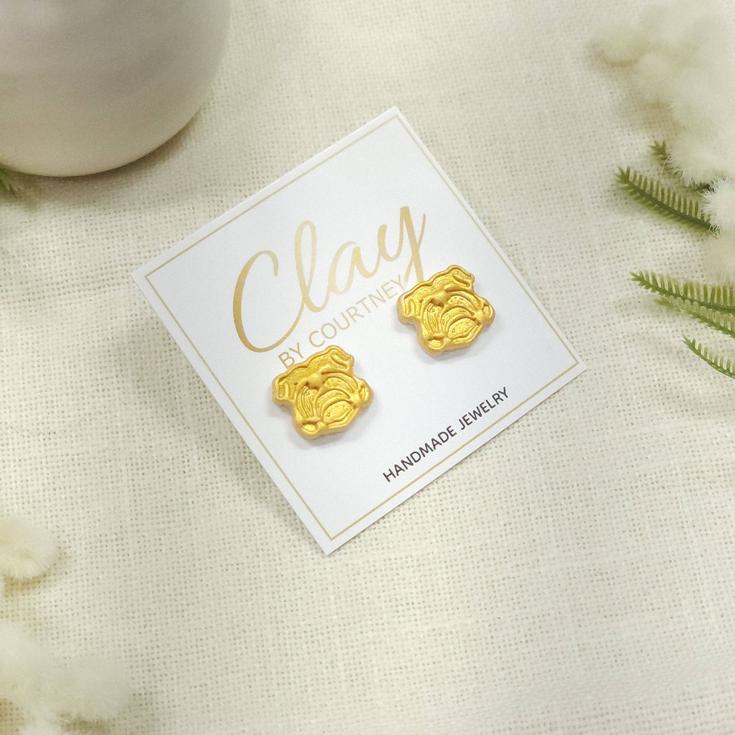 White and Gold Bulldog Earrings: Gold