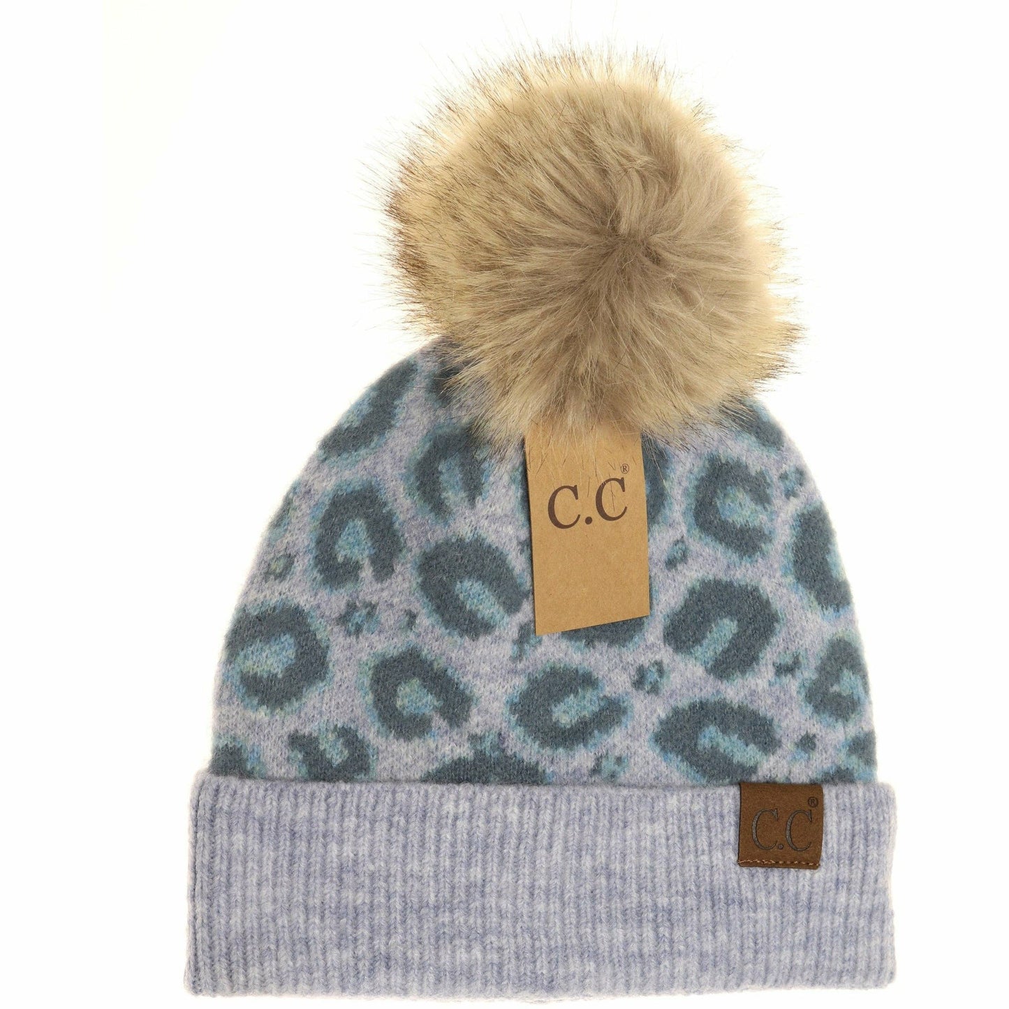 Taupe Leopard Pattern Faux Fur Pom Beanie