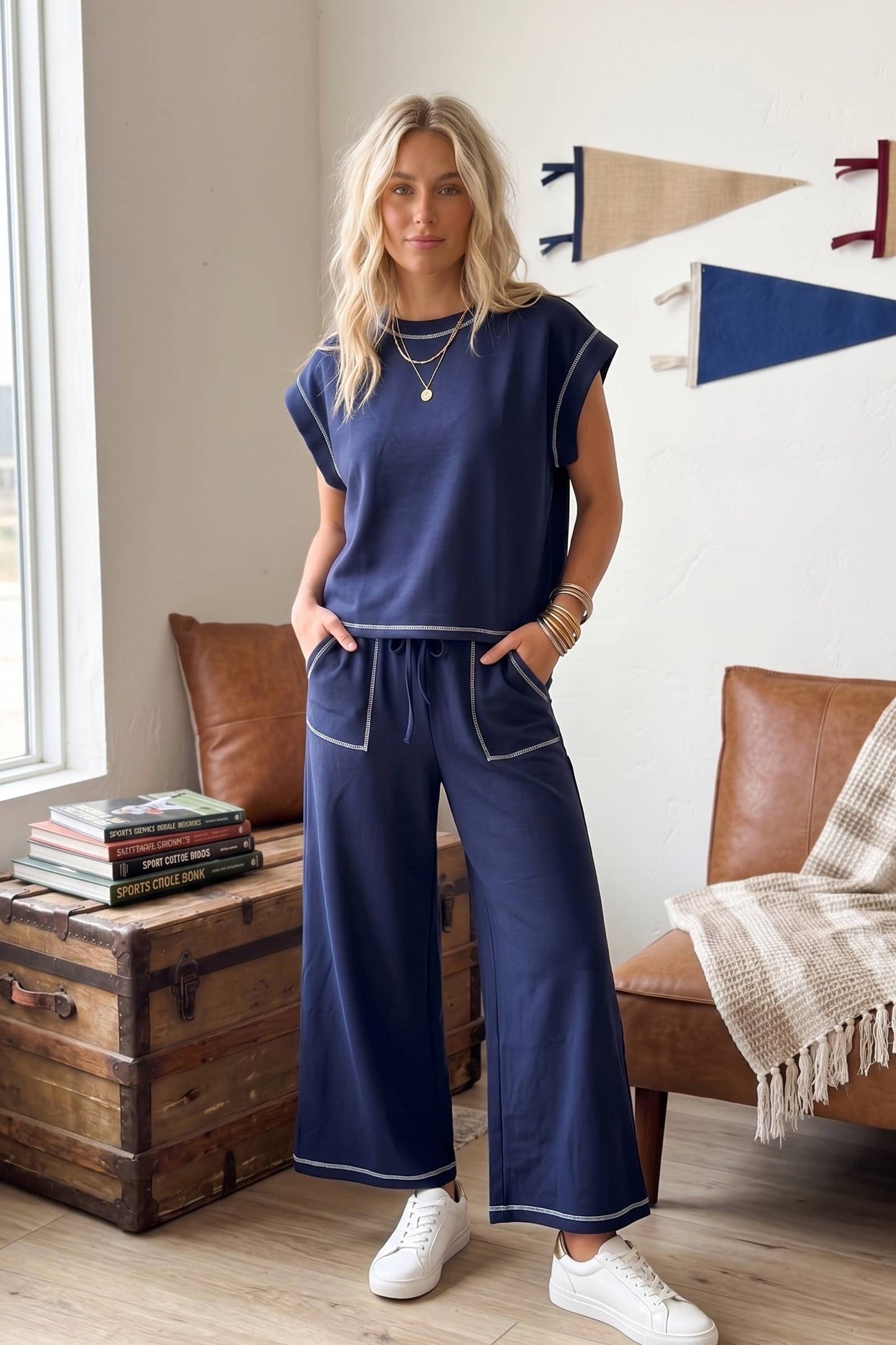 (Original Design) Scuba Contrast Stitch Lounge Set: RED / S
