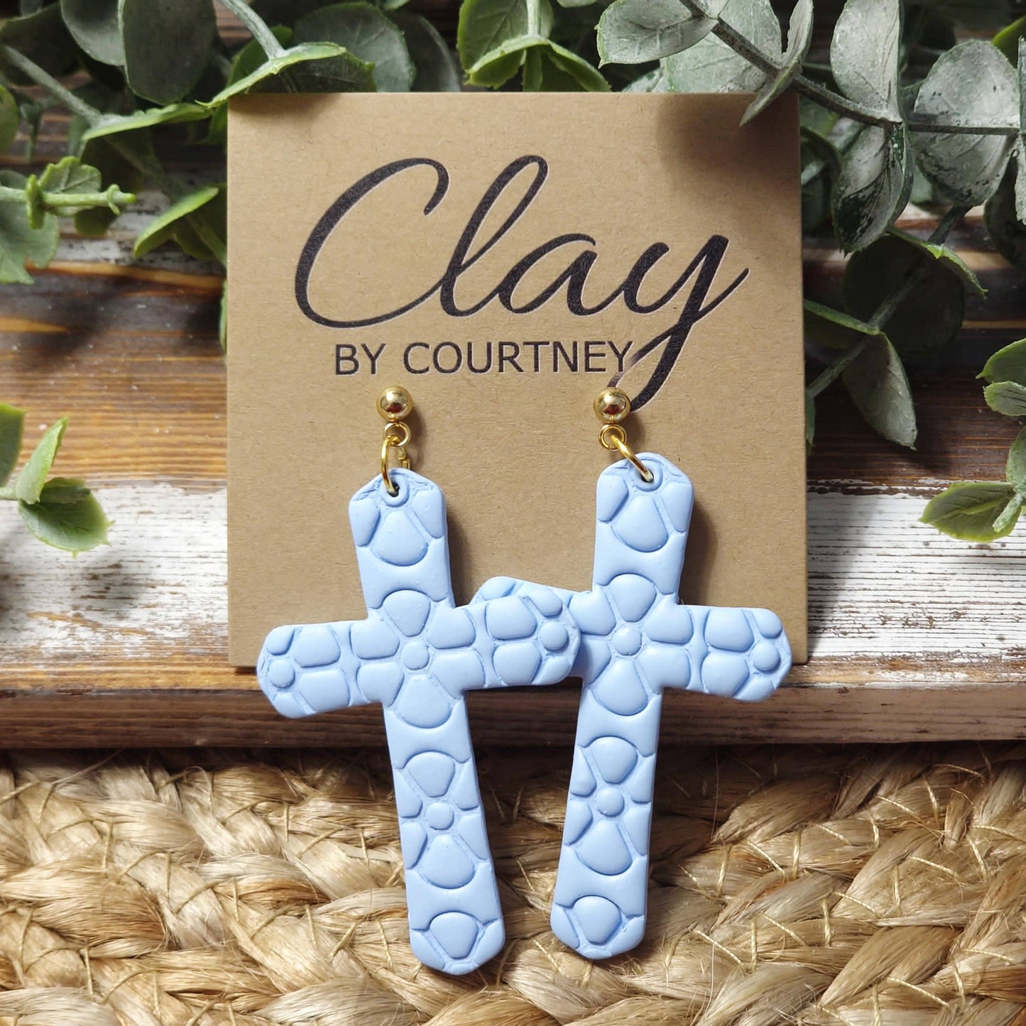 Clay Floral Cross Earrings: White