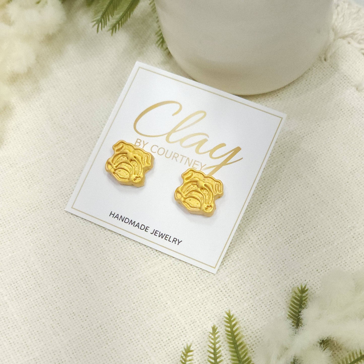 White and Gold Bulldog Earrings: Gold