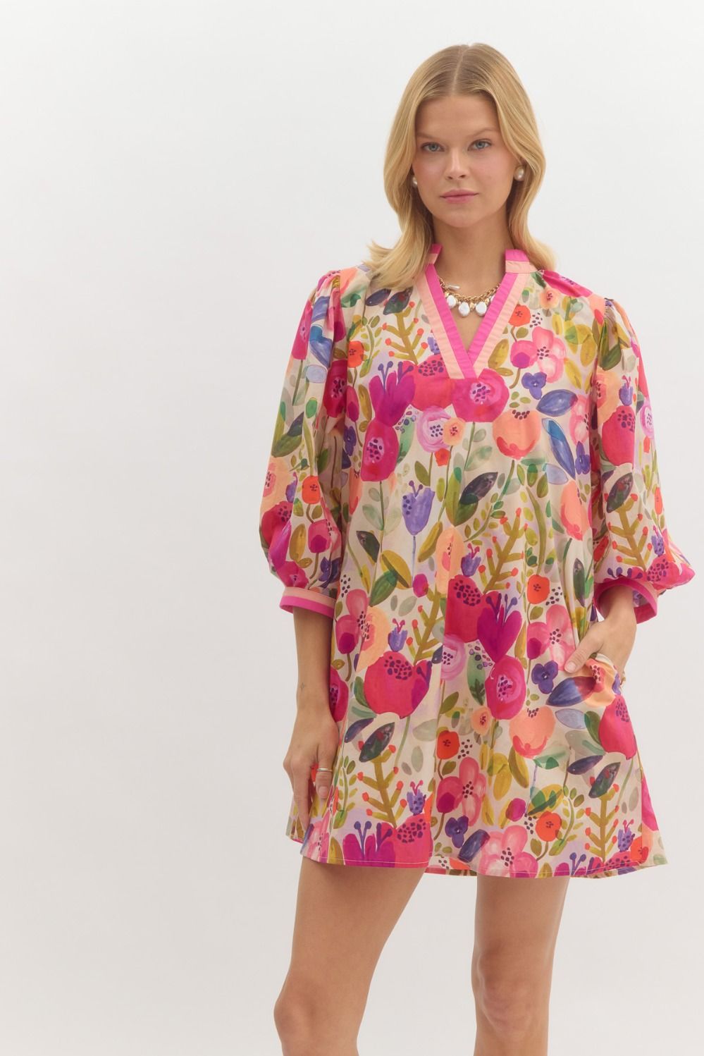 Entro Floral Bubble Sleeve Mini Dress
